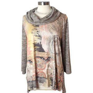 French Blue XL Cowl Neck Tunic Top Multicolor Faux Suede Inset Boho Chic cottage